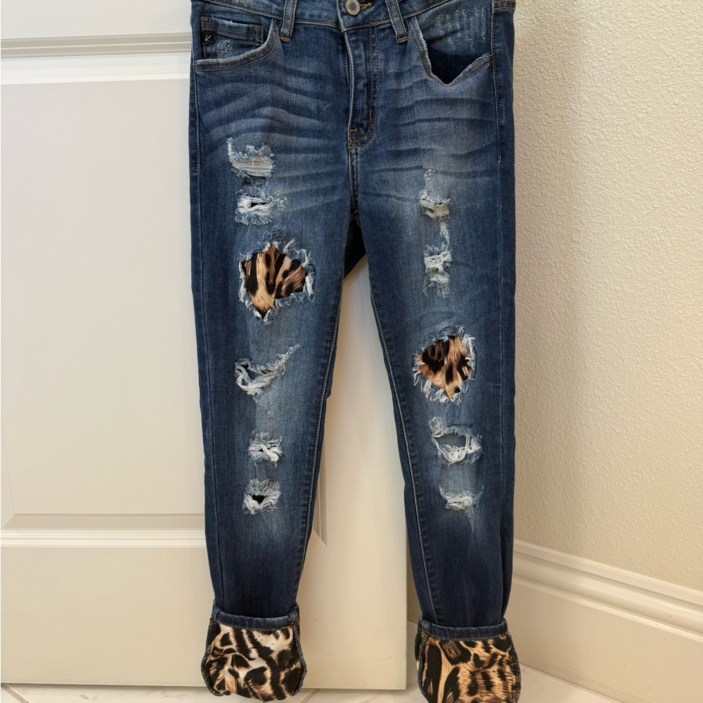 KanCan Distressed Blue Jeans with Leopard Cuffs